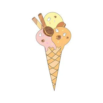 Ice cream cone with choco chip cookies, wafer rolls and marshmallow. Vector Stock Illustration