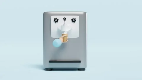 Ice cream cone making machine with hand holding waffle cone isolated on blu.. Video stock 278801612
