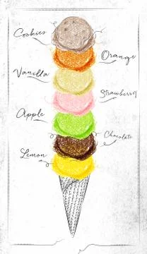 Colorful 3 ball cone ice cream set Royalty Free Vector Image