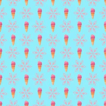 Ice cream cone seamless pattern and snowflakes seamless pattern. Christmas Stock Illustration