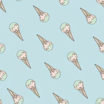 Ice cream cone seamless pattern on blue background Stock Illustration