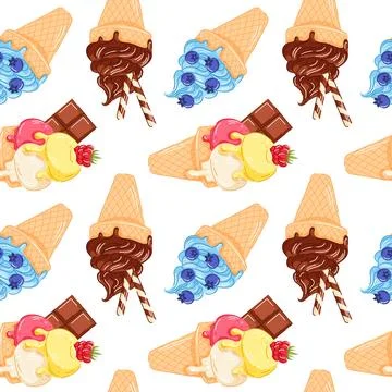 Ice cream cone seamless pattern with blueberry, raspberry fruit, chocolate bar Stock Illustration