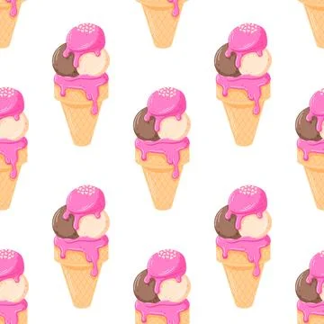 Ice cream cone seamless pattern with pink dripping glaze topped with heart Illustrazione stock