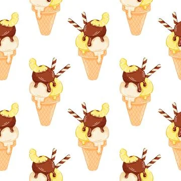 Ice cream cone seamless pattern with vanilla, lemon and dark chocolate scoop in Stock Illustration
