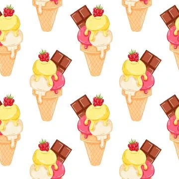 Ice cream cone seamless pattern with vanilla, lemon and raspberry scoop in Stock Illustration