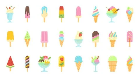 Ice cream cone simple flat cartoon icon vector set Illustrazione stock
