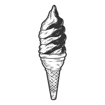 Ice cream cone. Sketch scratch board imitation color. Engraving line art. Stock Illustration