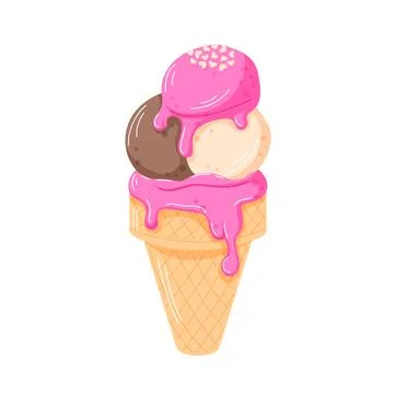 Ice cream cone with three scoops and pink dripping glaze topped with heart Stock Illustration