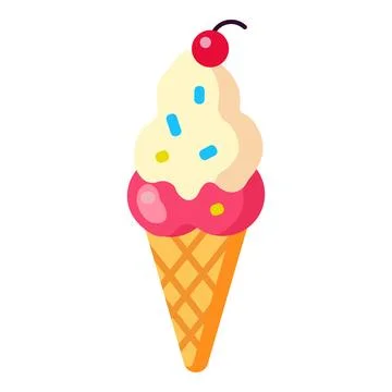 Ice cream cone with two scoops, sprinkles, and a cherry topping, dessert Stockillustratie