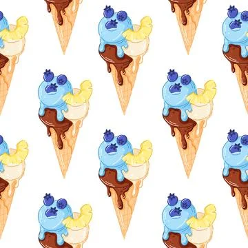 Ice cream cone with vanilla, mint and chocolate scoop in cartoon style seamless Stock Illustration