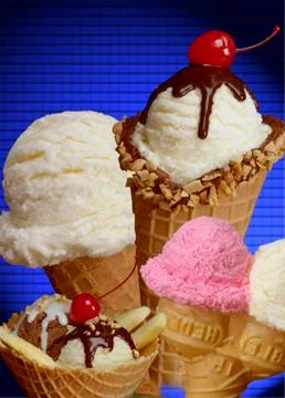 Ice Cream Cones on a Blue Gradient Background Stock Photos