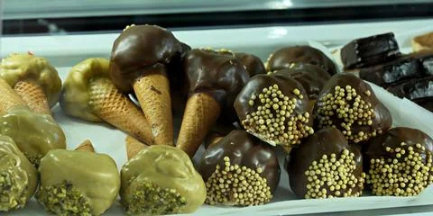 Ice cream cones on display. Stock Photos