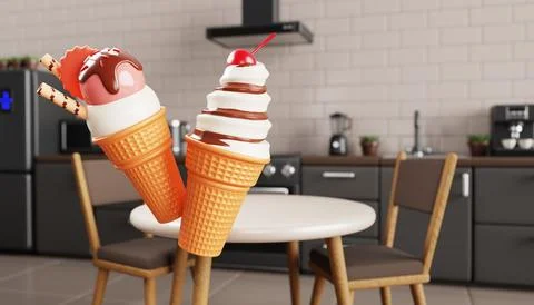 Ice cream cones in modern kitchen 3d background. Make ice cream sundae at home Stockillustratie