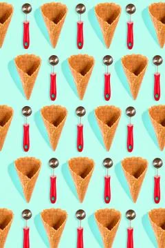 Ice cream cones pattern. Turquoise background. Top view. Flat lay 写真素材