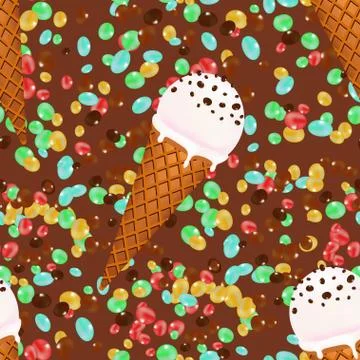 Ice cream cones seamless pattern background with candies and chocolate Stock Illustration