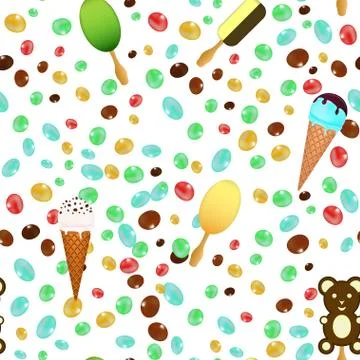 Ice cream cones seamless pattern background with candies and chocolate Stock Illustration