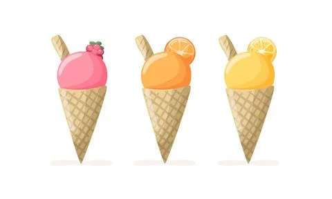 Ice cream cones set with raspberry, orange and lemon flavors Stock Illustration