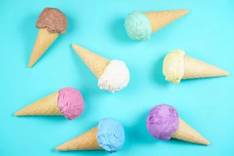 Ice cream cones on table,flat lay. Food background Stock Photos