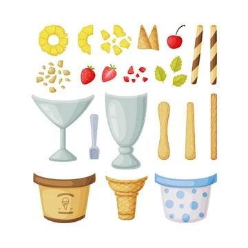 Ice Cream Constructor with Cup, Glass, Sticks and Topping Ingredient Vector Set Stock Illustration