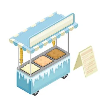 Fast food ice cream cart, vector cartoon set isolated on a white  background, street selling ice cream, comic girl street vendor ice cream  Stock Vector