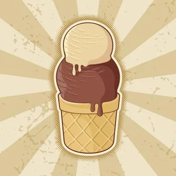 Ice cream cup icon with two balls and retro colors on grunge beige background Stock Illustration