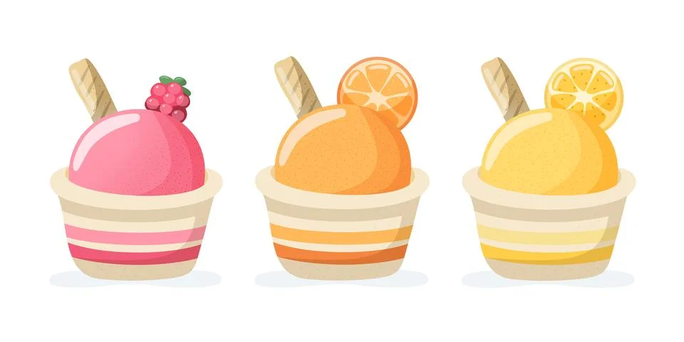 Ice cream cups vector set with raspberry, lemon and orange flavors イラスト素材