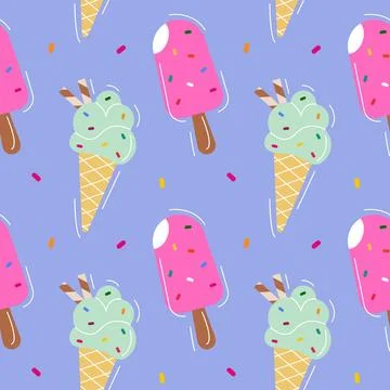 Ice cream with different toppings on a blue background. Seamless pattern Stock Illustration