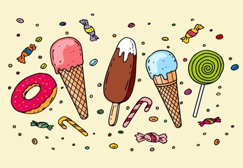 Ice cream, donut and various candies Stock Illustration