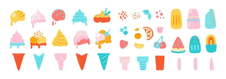 Ice cream elements. Waffle cons with sundae, chocolate vanilla and other ice Stock Illustration