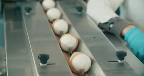 Ice cream factory, workers lay out portions on a conveyor belt. Stock Footage 253782018