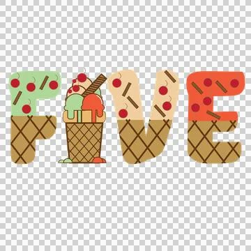 Ice Cream Five Typography With Cone silhouette black white Stock Illustration
