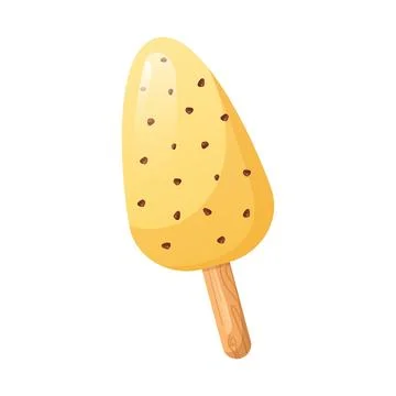 Ice cream in flat design. Cold dessert with white icing and chocolate chips.  Stock Illustration