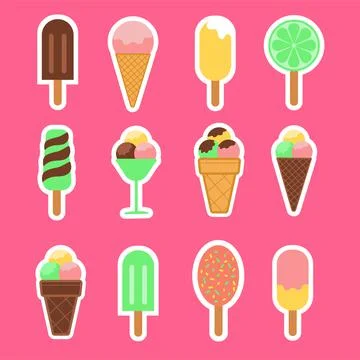 Ice cream fruit ice sticker pack icon, flat design illustration set of sticke Stock Illustration