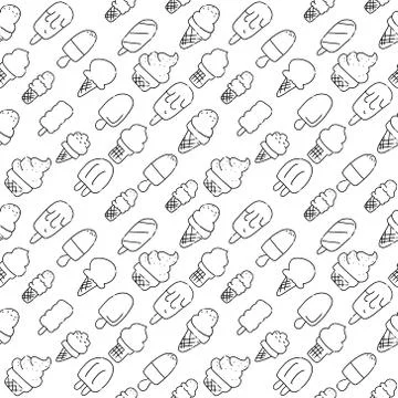 Ice cream Hand Drawn Pattern. Drawing Sundae, Sorbet, Lolly. Summer Seamless  Stock Illustration