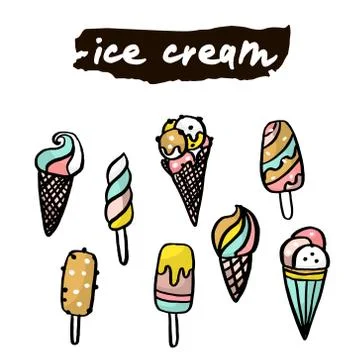 Ice cream hand drawn set icons. Ice cream isolated on white. Vector Illustr.. Stock Illustration