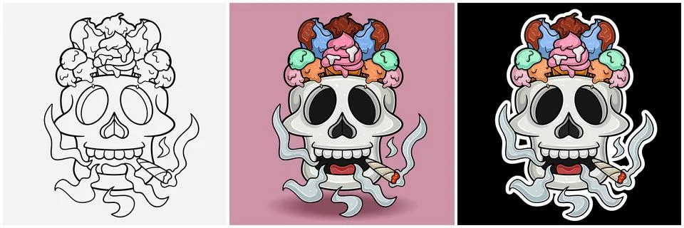Ice Cream Inside Skull Head With Smoking Character Cartoon. Black White, Co.. Stock Illustration