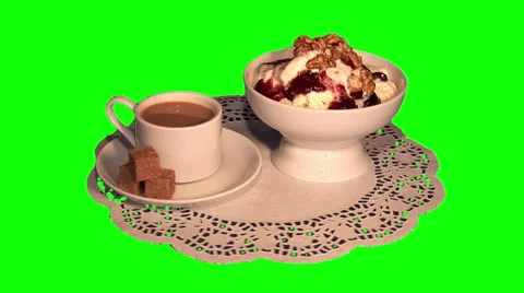 Ice cream with jam and nuts, cane sugar, white coffee on paper napkin 01 Stock Footage 48606321