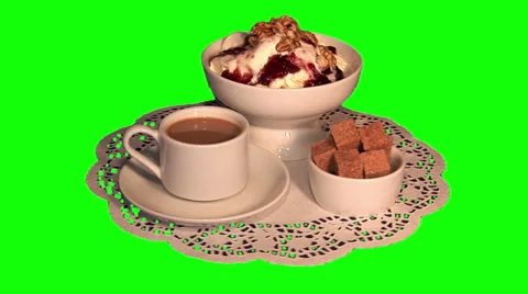 Ice cream with jam and nuts, cane sugar, white coffee on paper napkin 02 Stock Footage 48606844