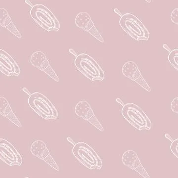 Ice cream outline seamless pattern on pink background. Hand drawn illustratio Stock Illustration