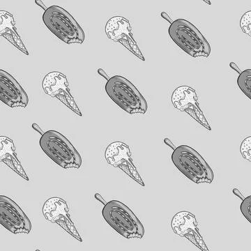 Ice cream outline seamless pattern on gray background. Hand drawn illustratio Stock Illustration