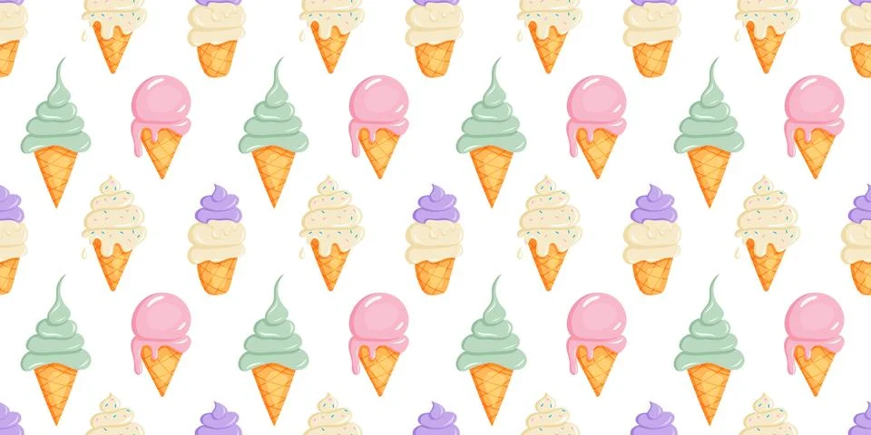 Ice cream pattern with various flavors and waffle cones Illustrazione stock