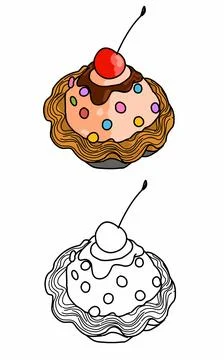 Ice cream pie with Cherry fruit coloring pages. Delicious ice cream food Stock Illustration