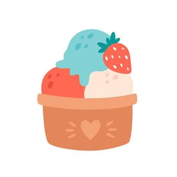 Ice cream scoops in cup with different flavors, toppings and strawberry 스톡 일러스트