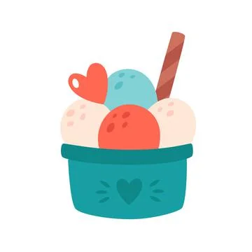 Ice cream scoops in cup with different flavors and cinnamon. Summertime Иллюстрация