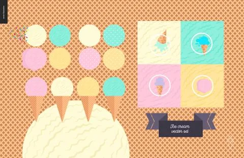 Ice cream scoops in waffle cones set Stock Illustration