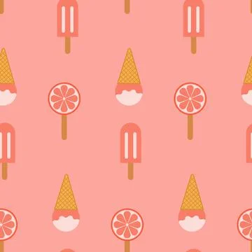 Ice cream seamless pattern. A ball of vanilla ice cream with syrup in a waffl Stock Illustration