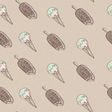Ice cream seamless pattern on beige background. Hand drawn illustration Stock Illustration