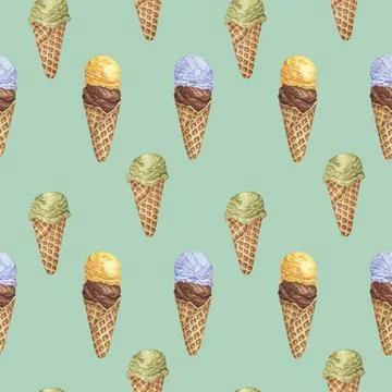 Ice cream seamless pattern. Bubblegum, chocolate, banana, lemon, pistachio or Stock Illustration