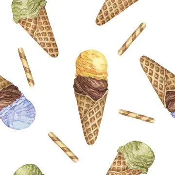 Ice cream seamless pattern. Bubblegum, chocolate, banana, lemon, pistachio or Stock Illustration