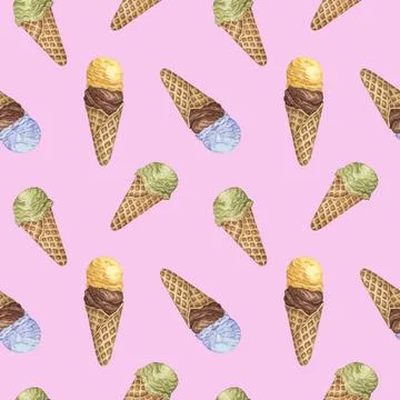 Ice cream seamless pattern. Bubblegum, chocolate, banana, lemon, pistachio or Stock Illustration